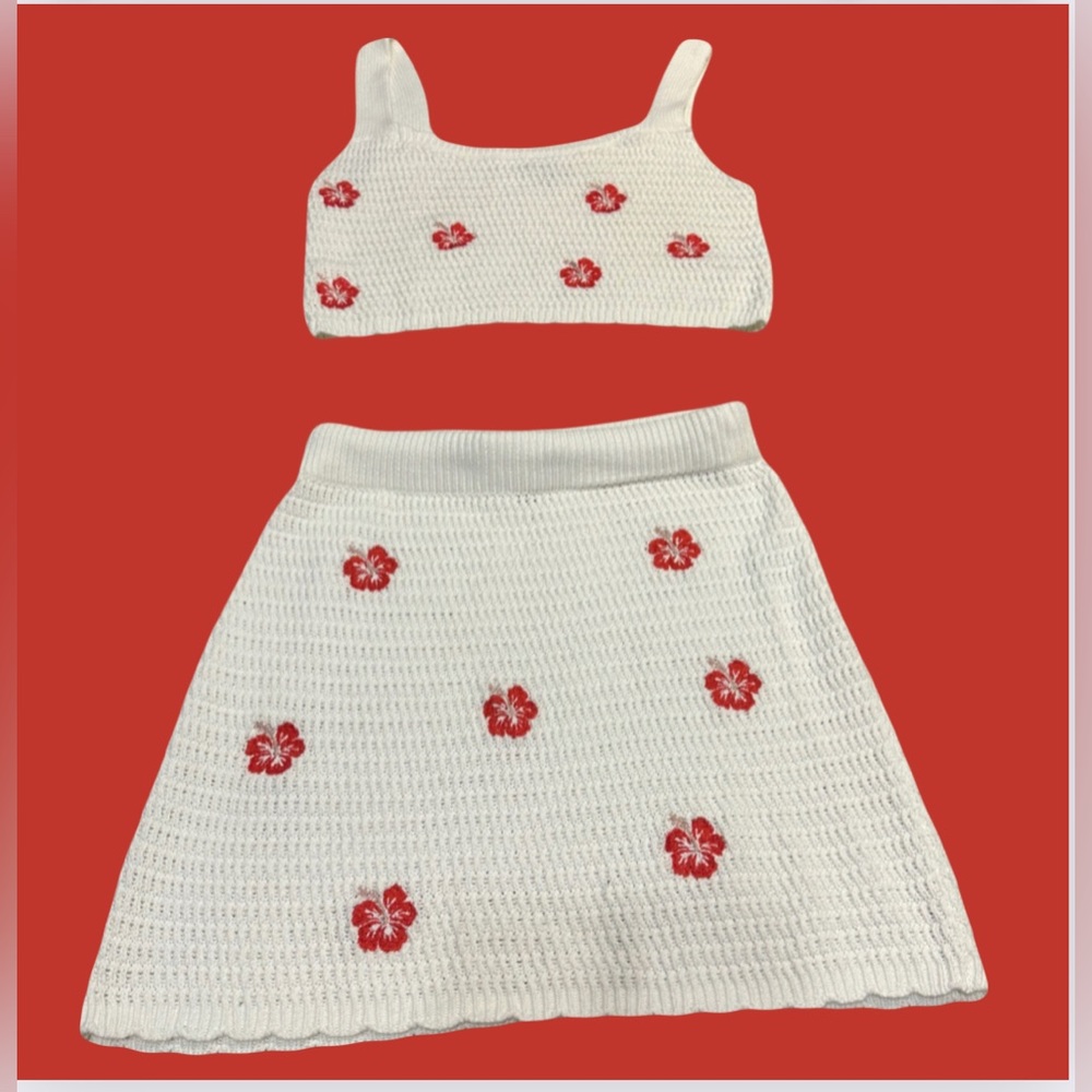 Two Piece set, sweater-knit, floral skirt and top.